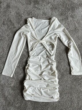 White Long Sleeve Cutout Ruched Mini Dress